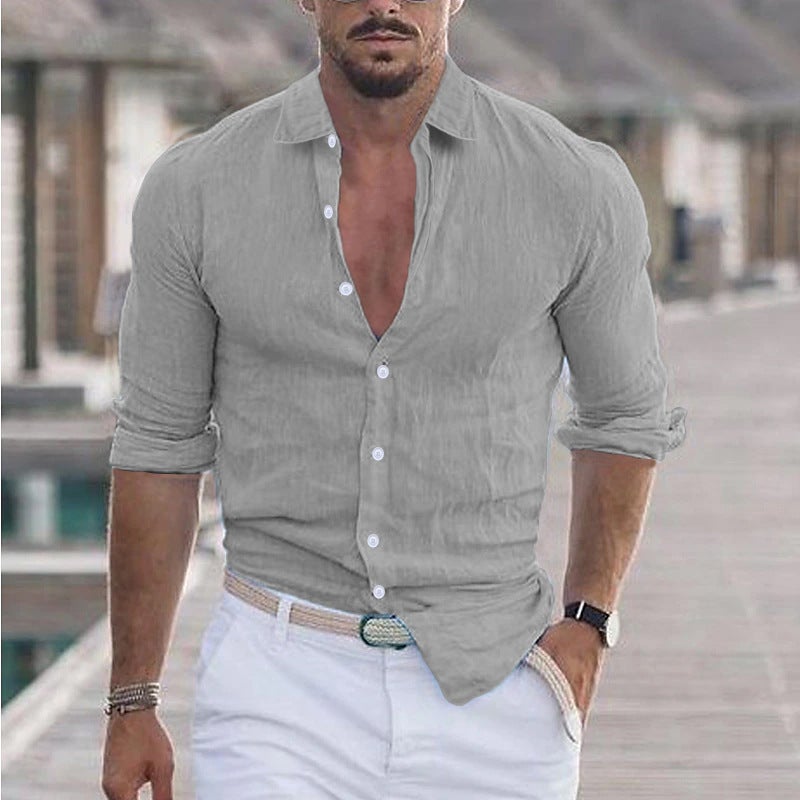 Men'S And Women'S Summer Cotton And Linen Lapel Beach Shirts Long-Sleeved Pure Multi-Color Hawaiian Holiday Clothing - Image 5